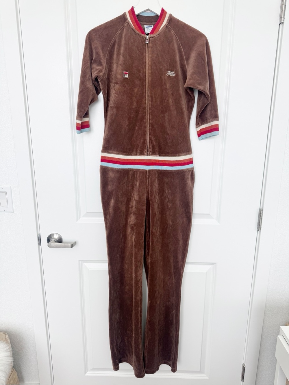 Vintage Fila Brown Velour One-Piece Jumpsuit Multicolor Collar Waist S Y2K 90s